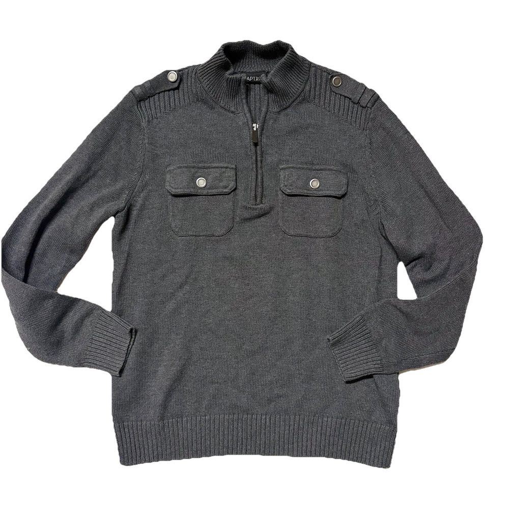 Apt. 9 High Neck Sweater Flap Pockets 1/4 Zip Gray Knit Modern Men's Size M